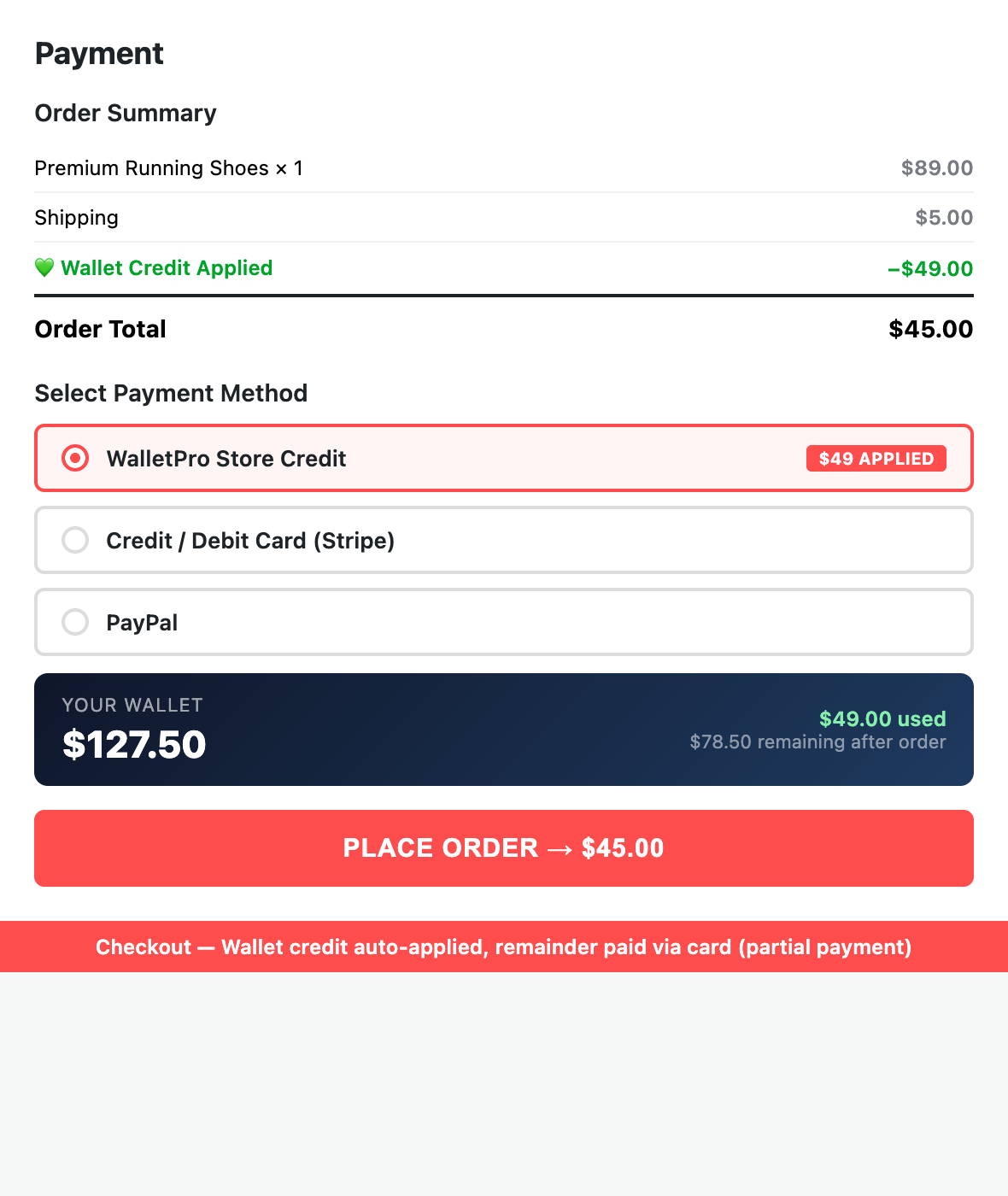 WooCommerce Blocks checkout with partial wallet payment
