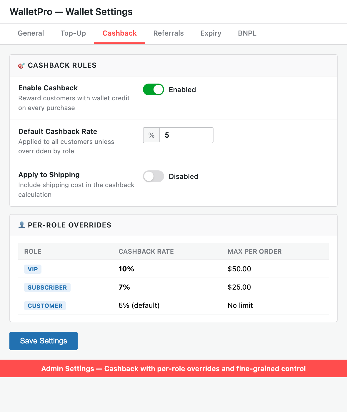 Cashback reward settings